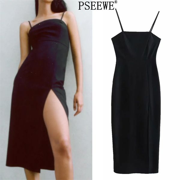 Black Tube Midi Slip Vestido Mulheres Chic Fino Correias Sem Encontro Sexy Party Vestidos Mulher Hem Side O ventilador Elegante 210519