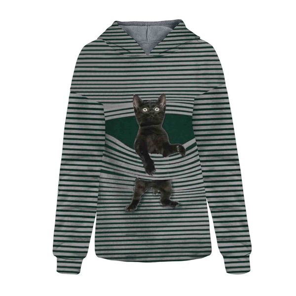 

fashion hoodies cute cat print women's long sleeve hooded sweater, Black