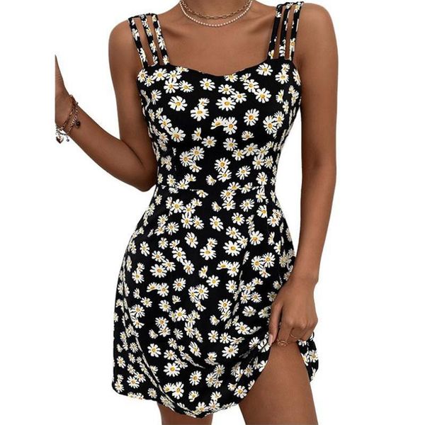 

casual dresses summer woman 2021 print floral sleeveless womens sling for women girl dress robe femme, Black;gray