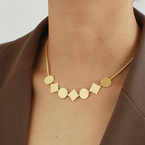 

chokers 2021 simple fshion geometric square round pendant gold color metal necklace for women girls chic jewelry accessories, Golden;silver
