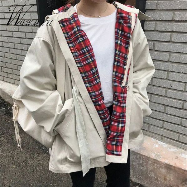 Streetwear Casual Kapuzen Trenchcoat Student Mode Langarm Plaid Windbreake Vintage Boyfriend Style Damen Kleidung O2NA