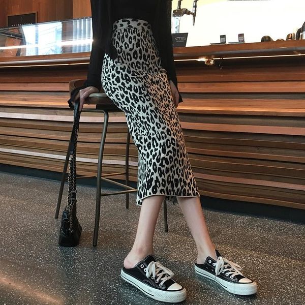 

skirts 2021 leopard print women's high waist knitted skirt women autumn and winter ladies all-match split mid-length printed, Black