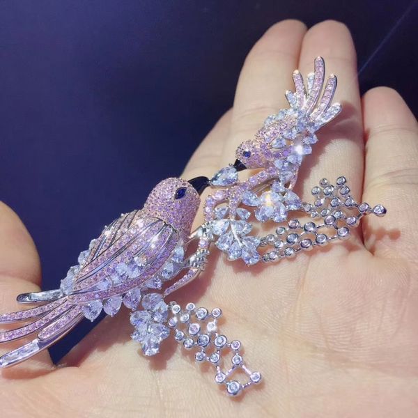 

double birds brooch pink color 925 sterling silver fine women jewelry, Gray