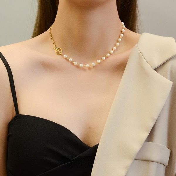 

chokers minar elegant natural freshwater pearl beaded necklace for women ladies ot clasp asymmetric dainty accessories, Golden;silver