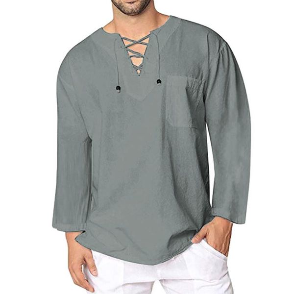 

men's casual shirts linen blouse bandage v neck male solid color long sleeves cotton shirt pocket vintage -3xl, White;black