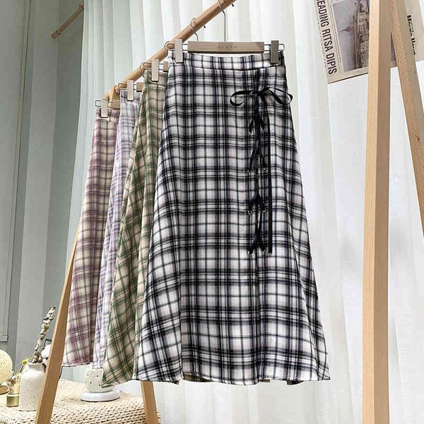 

skirt vintage plaid women spring summer retro classic midi high waist lace-up slim a-line girls students, Black