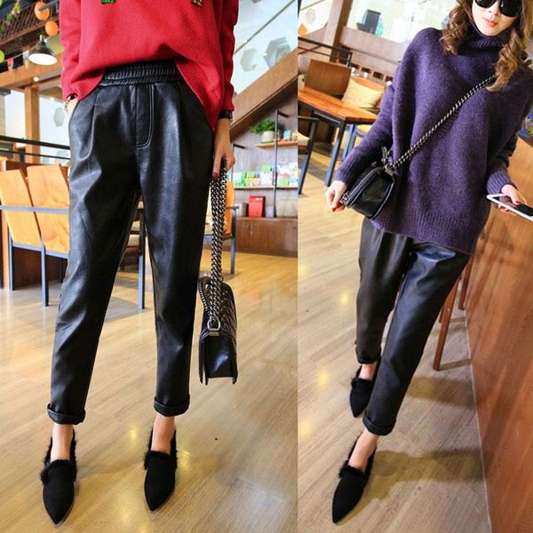

women's pants & capris 2021 direct selling zipper solid casual harem pu haren winter leather loose thin nine feet high waist pant, Black;white