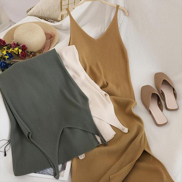 

a line knit womens dress v neck spaghetti strap summer fashion female sleeveless chic mid calf elegant, Black;gray