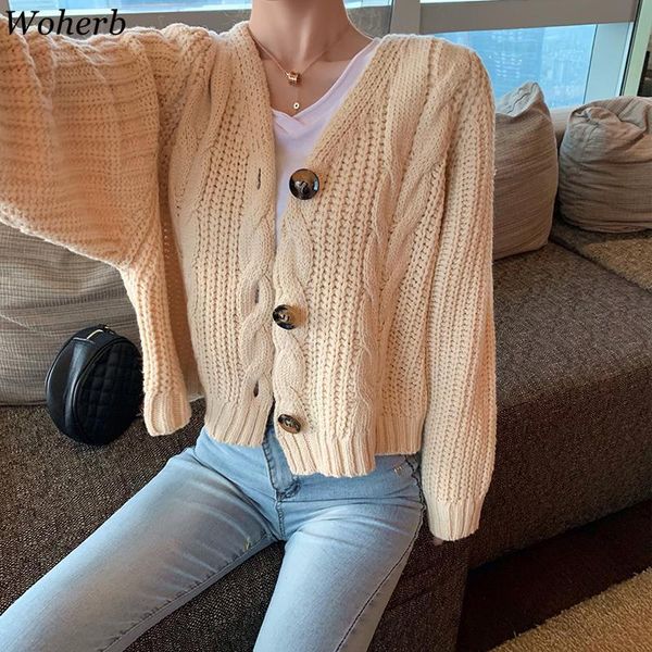 

women's knits & tees woherb loose knit cardigan women vintage spring autumn cropped cardigans female sweaters korean 2021 fashion sweat, White