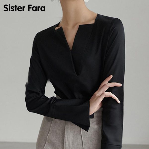 

women's blouses & shirts sister fara spring autumn v-neck black shirt blouse fashion loose versatile solid color ol office lady, White