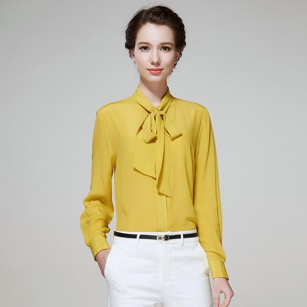 

women's blouses & shirts spring fashion 100% silk blouse women office shirt long sleeve womens and bow-tie blusa feminina yq151, White