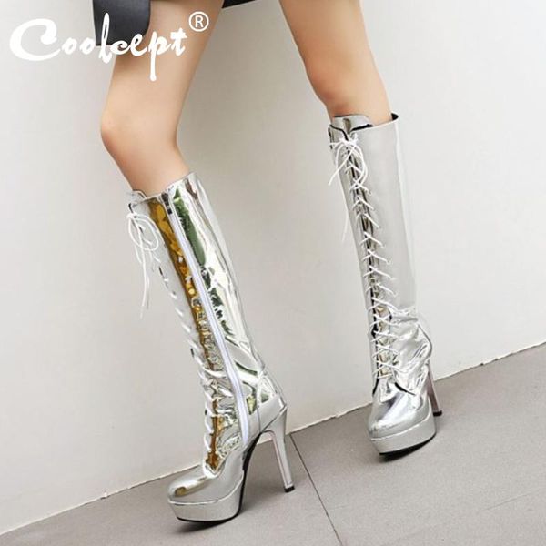 

boots coolcept size 30-43 women knee fashion platform cross strap high heel winter shoes woman long boot zipper footwear, Black