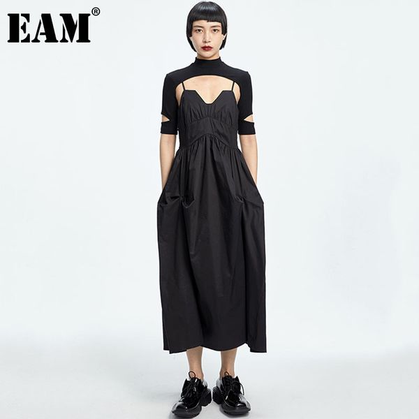 

[eam] women black pleated ruffle backless elegant dress strapless sleeveless loose fit fashion spring summer 1dd7303 21512, Black;gray