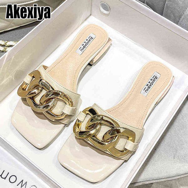 

slippers women summer sandals metal decorative square head flat heel female outdoor beach casual luxury plus size bc3752 220304, Black