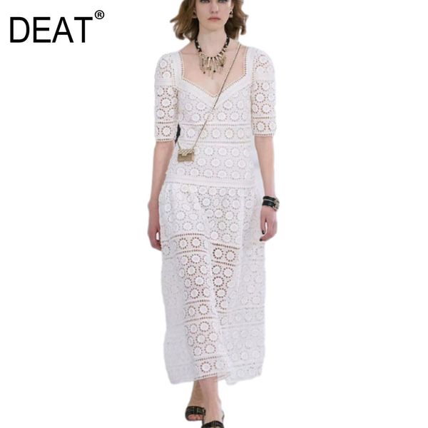 

[deat] short sleeve water soluble lace hollow out mall goth y2k clothes solid white maxi dresses for women spring gx188 210428, Black;gray