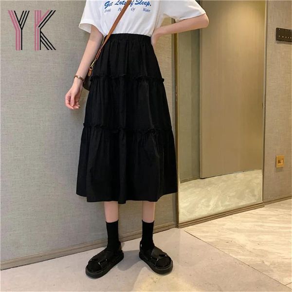 Etekler Ahşap Kulak Trim Dikiş Beyaz Pileli Uzun Kek Etek Yaz Siyah Moda Kawaii Harajuku Midi A-Line Kore Wild Saia