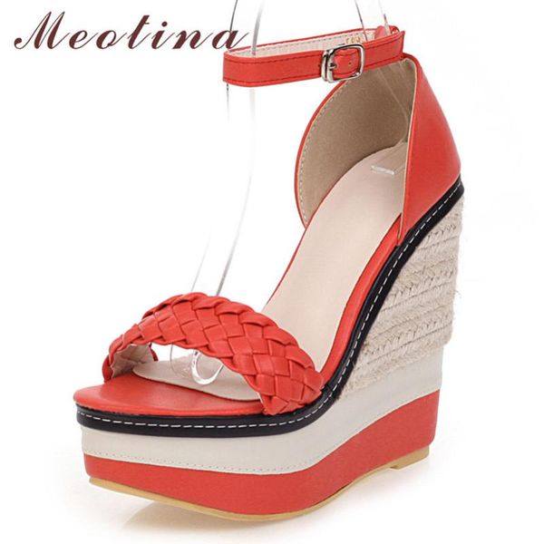 

sandals meotina summer shoes women buckle platform wedge heel ankle strap mixed colors extreme high ladies 39, Black