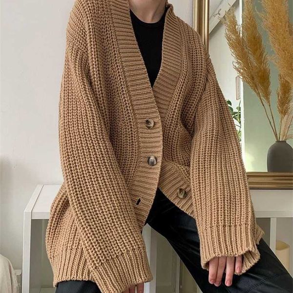 

wotwoy autumn winter casual oversized knitted cardigan women button v-neck loose sweater coats female korean long sleeve jumper 211123, White