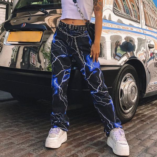 

pants trousers 2021 women's in personalized flash printing loose straight hip hop high waist slim wide leg, Black;white