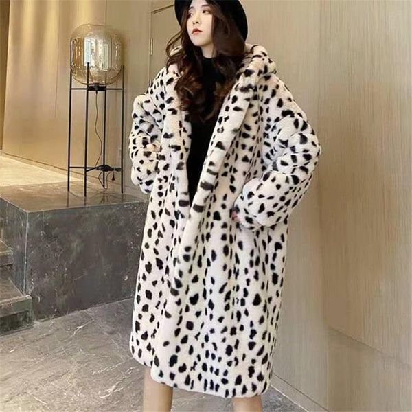 

women's fur & faux 2021 winter fashion leopard print long sleeve hooded loose thickening warm jacket female trend h211, Black