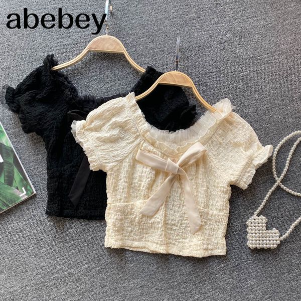 

women bohemian solid blouse korean style sweet o neck short bow streetwear blouses 210512, White