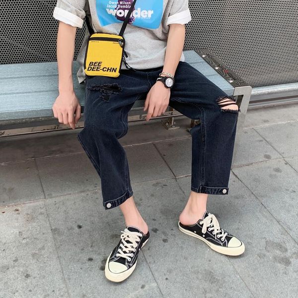 

men's jeans for men 2021 trend youth loose straight hole black jean clothing, Blue