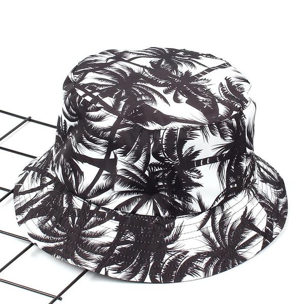 

spring summer bucket hats women fisherman hat coconut tree printing cap double sided wear basin cotton sunscreen wide brim, Blue;gray