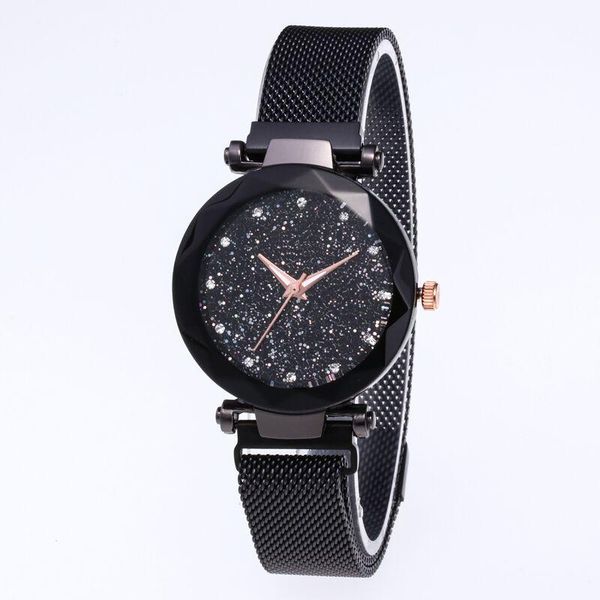 

wristwatches luxury women watches rose gold mesh ladies clock magnet buckle starry diamond geometric surface casual dress quartz wristwatch, Slivery;brown