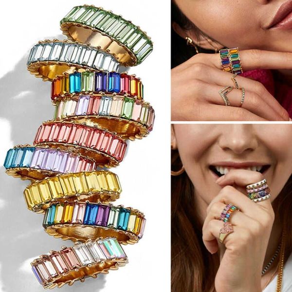 

cluster rings fashion women's ring bagels stackable eternal rainbow baguette crystals eternity band for ethnic 13 colors, Golden;silver