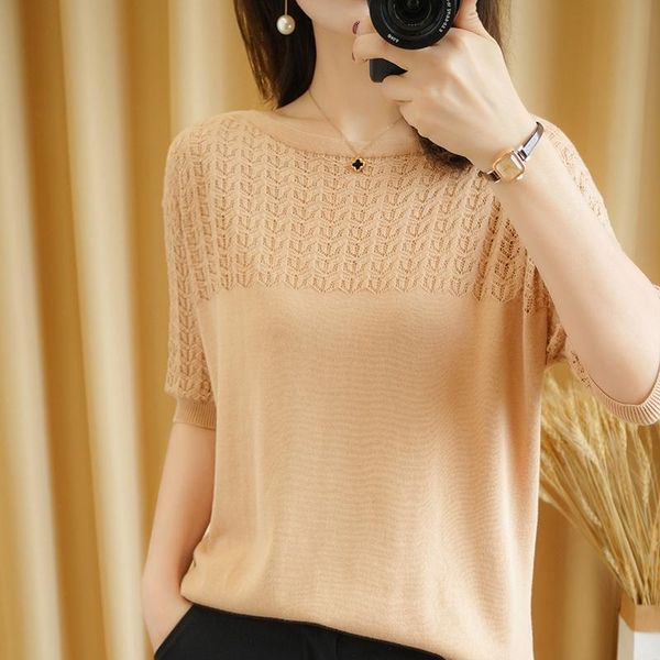

spring and summer style 100% cotton knitted short-sleeved t-shirt women's hollow o-neck pullover short soft comfortable, White