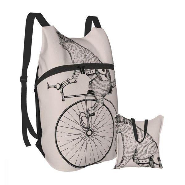 

backpack foldable waterproof travel men bag steam-punk cat on retro bicycle with and glasses
