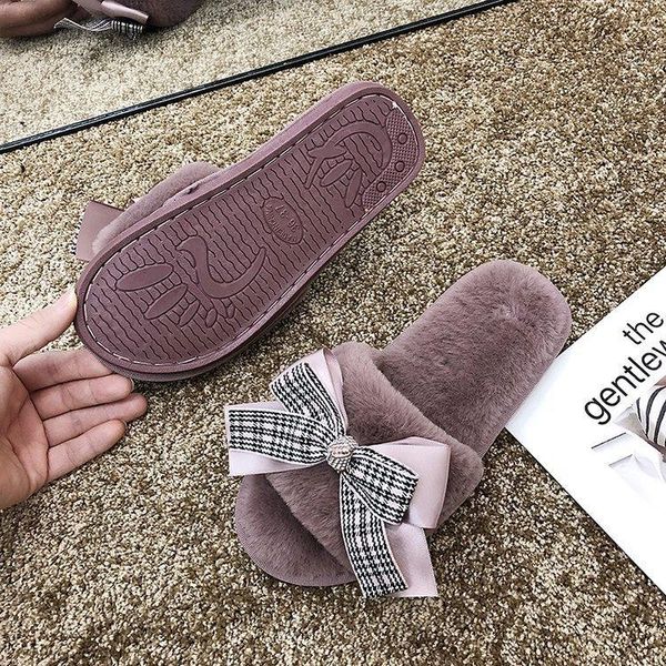 

slipper female autumn and winter indoor home plush cotton a- line warm bow slippers, Black