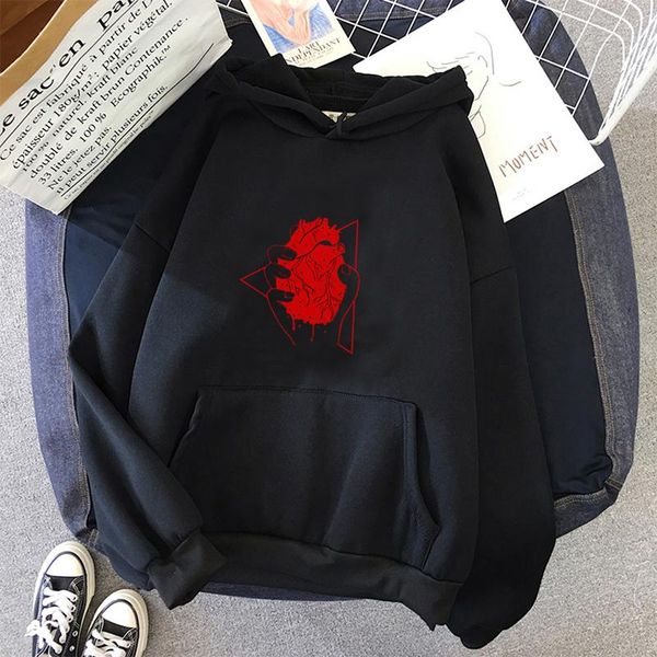 

women's hoodies & sweatshirts autumn winter red heart print cotton fashion korean harajuku streetwear casual natural simple woman hoode, Black