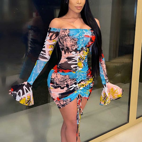 

off shoudler see through mesh dress flare sleeve summer dresses 210702, Black;gray