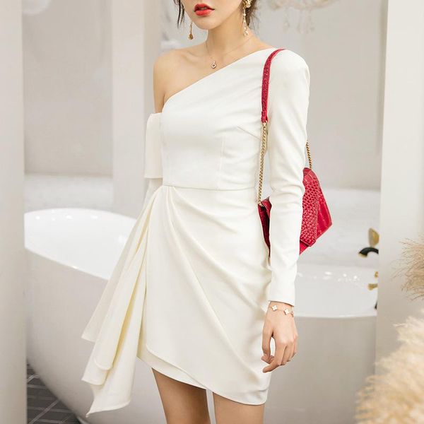 

fashion european and american temperament oblique shoulder waist long sleeve irregular dress women's 65311 casual dresses, Black;gray