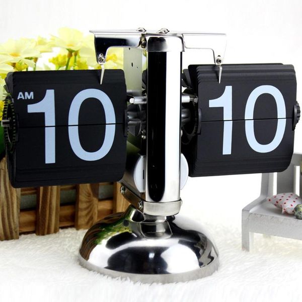 

desk & table clocks black/white despertador small scale clock retro flip over stainless steel internal gear operated quartz