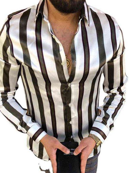 

lapel stripe print casual slim long sleeve shirt, White;black