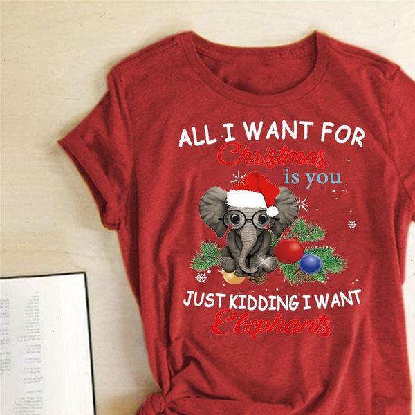 

funny women christmas t shirt all i want for is you elephant printed short sleeve graphic tees round neck, White