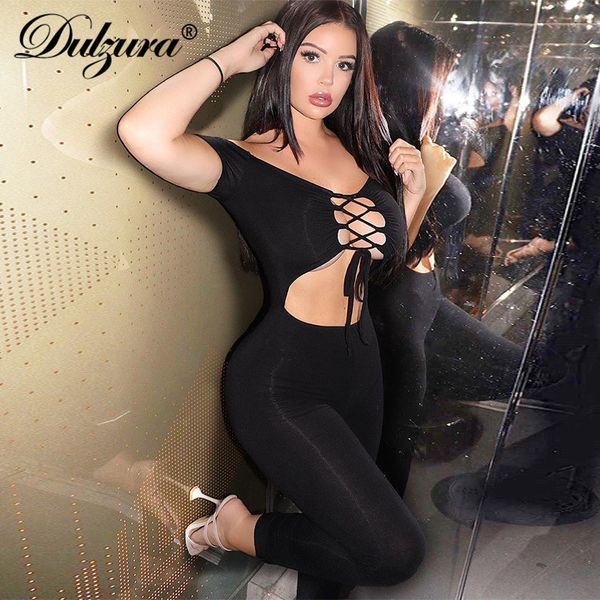 

dulzura lace up bandage hollow out women cross jumpsuit short sleeve off shoulder streetwear 2021 autumn winter sporty club, Black;white