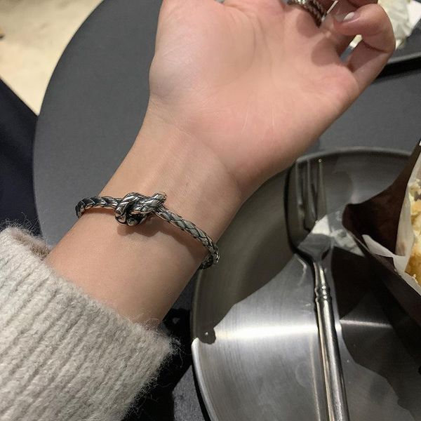 

bangle fmily minimalist 925 sterling silver geometric meshknotted bracelet retro fashion hip hop punk cool jewelry for girlfriend gifts, Black