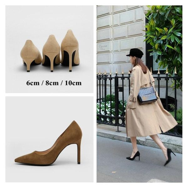 

dress shoes 2021 flock leather heels women pumps bucket pointed toe high lady thin chaussure femme autumn, Black