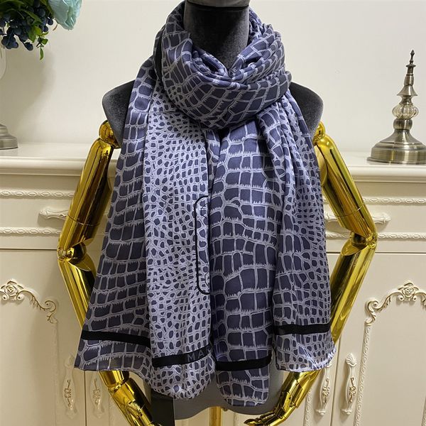 

women's long shawl pashmina scarves good quality 100% silk material pint letters crocodile grain pattern big size 180cm - 130cm, Blue;gray