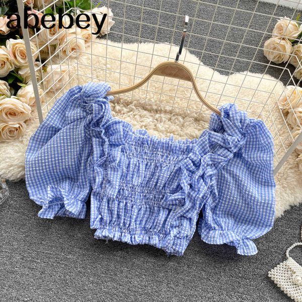 

women french sweet plaid blouse retro puff sleeve square collar ruffles summer elastic ruched boho print blouses 210715, White