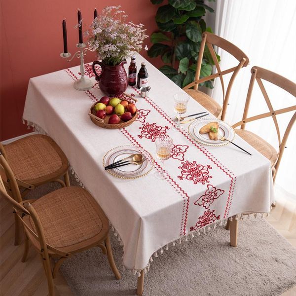 

table cloth high-end embroidery tassel tablecloth japan flowers hem cotton linen dining mantel mesa washable fabric cover
