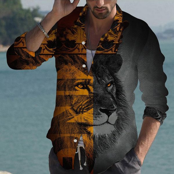 

lion solid stripe mens long-sleeved shirt comfortable fit fashion retro style travel office entertainment, White;black