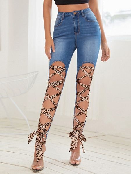 

high waisted leopard lace up front skinny jeans d8fh#, Blue