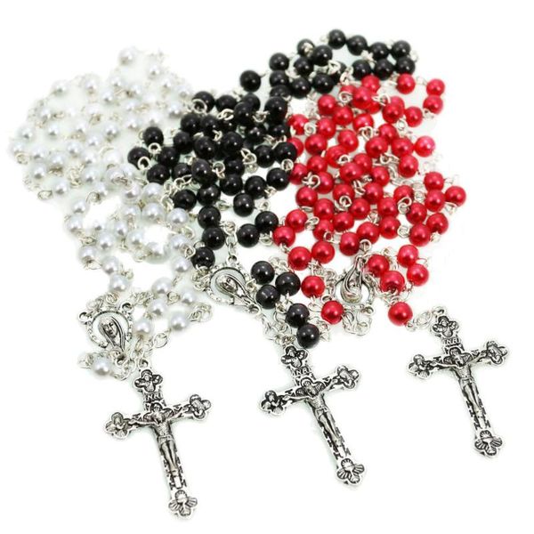 

pendant necklaces 6mm antique trichromatic glass pearl prayer beaded holy virgin necklace jesus catholic christ rosary cross, Silver