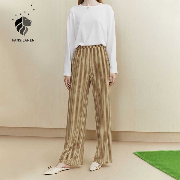 FANSILANEN Pantaloni a vita alta in velluto a gamba larga a righe autunno pantaloni casual larghi da donna streetwear vintage 210607