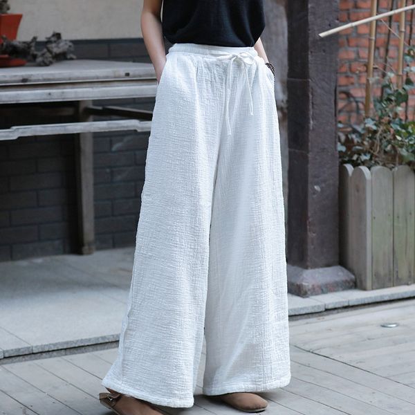 

johnature style casual trouser cotton linen drawstring long length women pants spring loose vintage wide leg pants 210521, Black;white