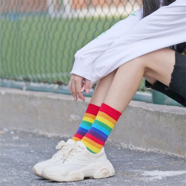 

cotton elasticity sweat women's high socks candy color rainbow socks striped sporty meias casual streetwear harajuku socks, Black;white